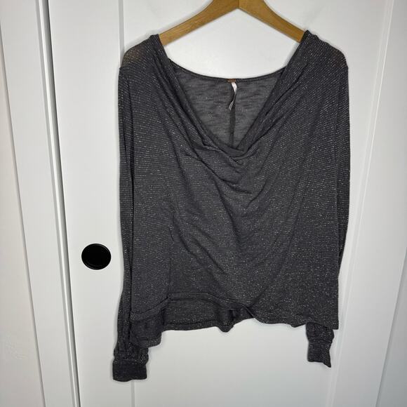 Free People Metallic Silver Weave Draped Cowl Neck Lightweight Knit Sweater M - Picture 2 of 7